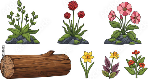Garden plants and flowers vector set with tree log featuring blooming flowers green foliage and botanical elements isolated illustration