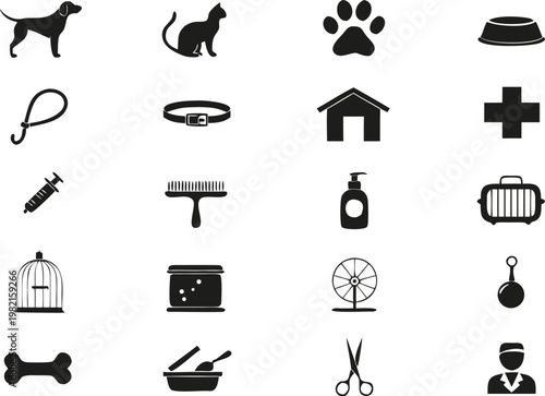 Silhouette Pet Care Veterinary Icons Set 20 Icons Grid