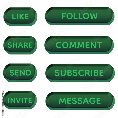 Fresh Green Gradient Velvet-Like 3D Social Media UI Button Set with Glossy Finish, Rounded Soft Interface Elements, Like Follow Share Comment Subscribe Message Controls, Clean Natural Digital Interact