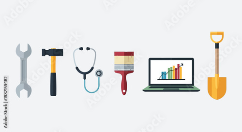 A visually appealing flat design illustration showcasing a diverse collection of industry-specific tools, representing the wide array of trades and professions.