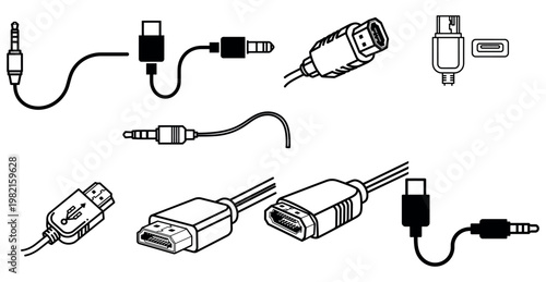 Cable connectors set simple line vector illustration