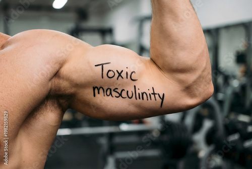 Muscular man flexing bicep with text 