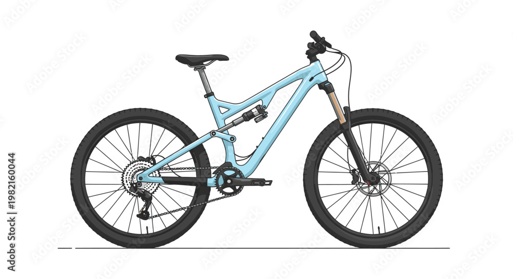 Fototapeta premium Light blue full suspension mountain bike illustration on a white background, side view, detailed drawing.
