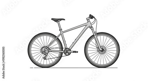 Detailed illustration of a modern mountain bike with suspension and disc brakes, isolated on a white background.