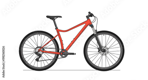 Bright red mountain bike with suspension fork and disc brakes, isolated on a white background