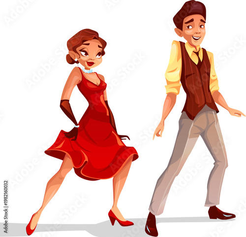 Cartoon couple dancing, happy man and woman, red dress, vector illustration, tango dance, romantic pair, smiling people