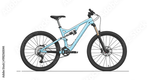 Light blue full suspension mountain bike illustration on a white background, side view, detailed drawing.