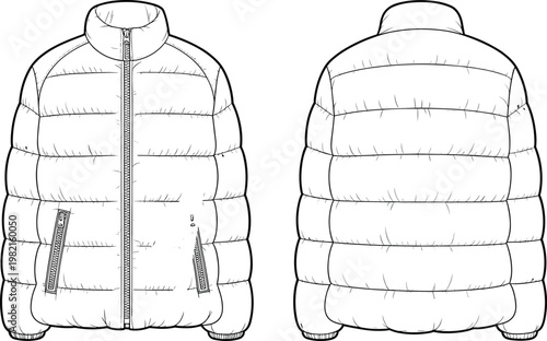 Puffer jacket flat vector, front back view, quilted outerwear fashion design template