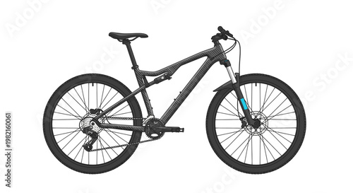 Modern gray full suspension mountain bike with disc brakes and knobby tires, isolated on a white background.