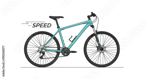 Turquoise mountain bike with suspension and disc brakes, isolated on white background with speed graphic