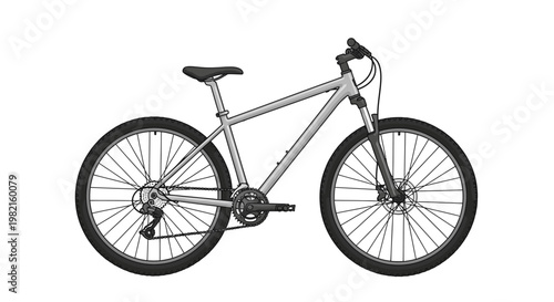 Modern silver mountain bicycle with disc brakes and suspension, isolated on a white background, studio shot.