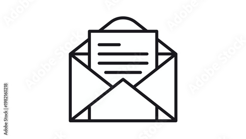 Minimalist black line art vector icon illustration of an open envelope with a written letter inside, representing email, digital communication, incoming mail, and correspondence symbols.