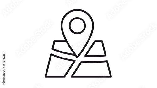 Minimalist black vector icon illustration of a location pin marker on a folded map, representing navigation, GPS tracking, travel destination, and geographical positioning system symbol.