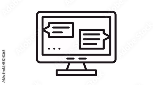 Black line vector icon illustration of a desktop computer monitor screen showing a chat conversation with speech bubbles, symbolizing online messaging, digital communication, and support.