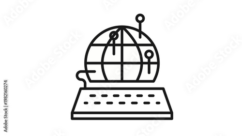 Global network and digital communication vector icon illustration featuring a world globe with location pins connected to a computer keyboard, representing connectivity, travel, and remote work.