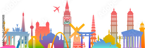 Colorful city skyline, landmarks, travel icons, vector illustrations, tourist attractions