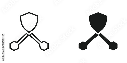 Contrast between outlined and filled shield and wrench symbols in graphic design