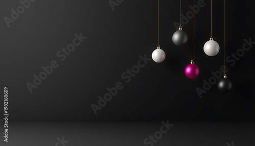 3d render of christmas baubles hanging on black wall