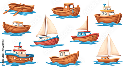 Cartoon boat vector set with wooden rowboats sailboats and small ships isolated on white