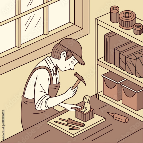 A man in a workshop is hammering a piece of wood