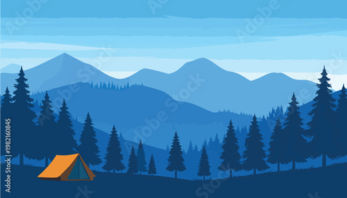 Blue mountain landscape with layered hills, pine forest silhouettes, and camping tent. Minimal vector illustration with calm nature scenery, ideal for travel, outdoor adventure, and background design.
