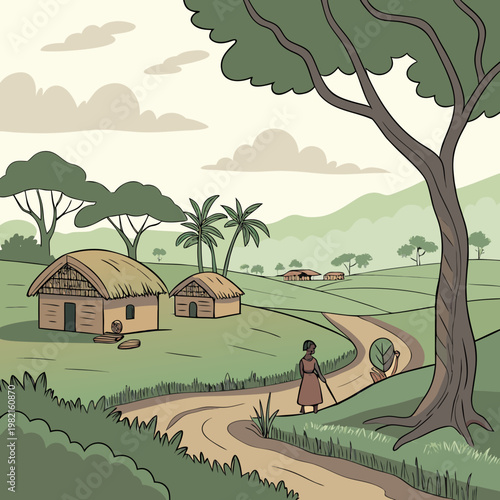 A person walking on a dirt road in a rural village