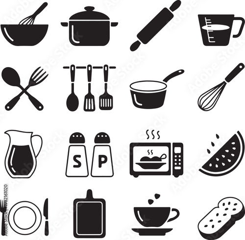 Diverse Kitchen Utensils and Food Icons for Culinary and Home Gastronomy Projects