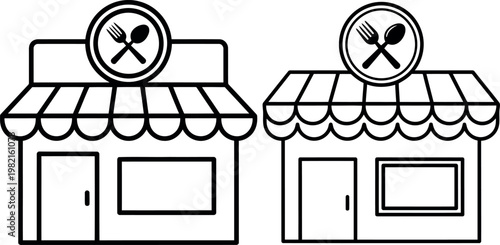 Retail store shop building outline icon set