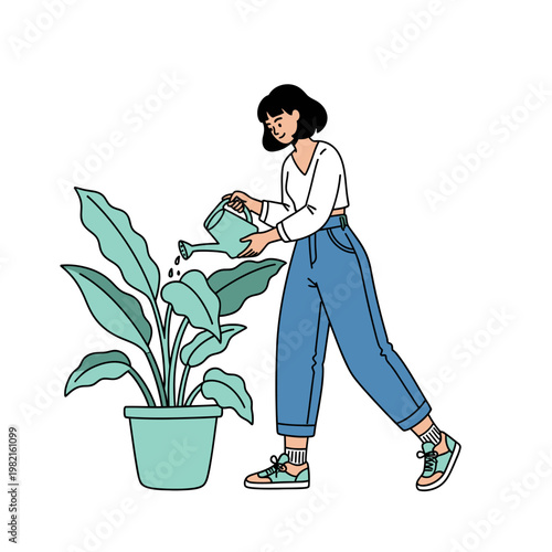 A woman waters a plant with a green watering can