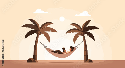 A serene flat design illustration of a person relaxing in a hammock under palm trees, symbolizing peaceful leisure and the ultimate Labor Day unwind.