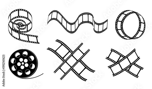 Dynamic film strip silhouettes vector collection cinematic reel icons for video editing and filmmaking isolated on white