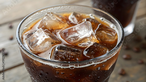 Macro view glass cold brew coffee filled large ice cubes condensation droplets surface resting rustic wooden table scattered roasted beans blurred background.