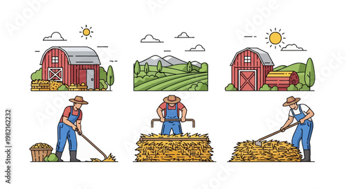 Vector illustration set featuring red barns, rural landscapes with mountains and green fields, and farmers in blue overalls raking hay and working on a farm under a bright sun.