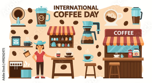 International Coffee Day vector illustration featuring a female barista, coffee shop kiosk, espresso machine, French press, roasted beans, steaming mugs, and various brewing equipment.