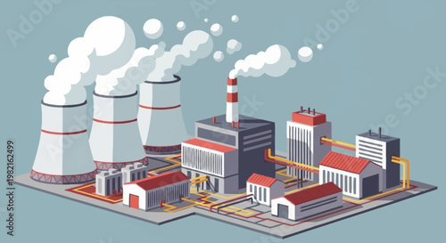 Isometric Nuclear Power Plant Illustration with Cooling Towers and Buildings.