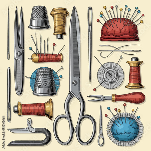 Vintage sewing tool collection featuring tailor scissors, metal thimbles, wooden thread spools, pincushions with pins, hand needles, and seam rippers in an engraved vector style.