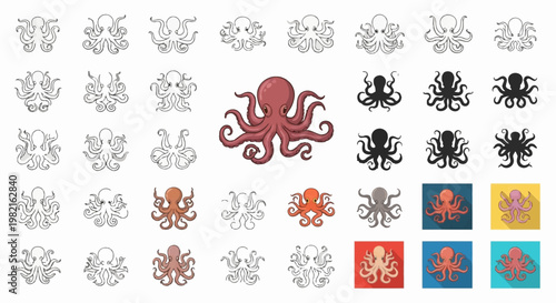 Large collection of octopus vector icons featuring multiple styles including line art outlines, solid black silhouettes, detailed colored illustrations, and flat design icons with long shadows.
