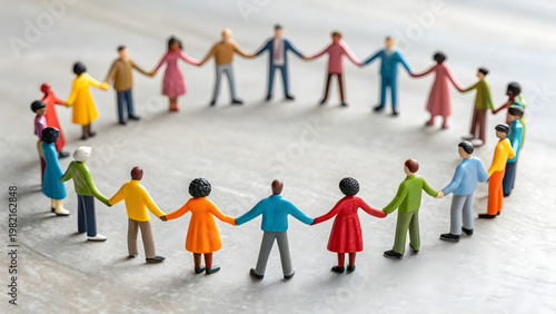 Small plastic human models of various ethnicities and colorful attire stand in circular formation holding hands together on neutral grey surface representing global unity social harmony cooperation.