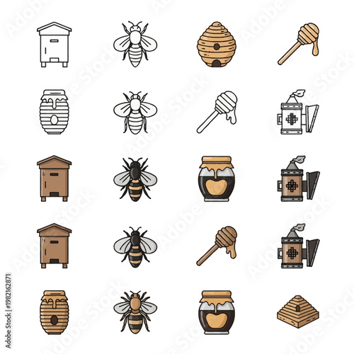 Vector icon set of beekeeping equipment including honey bees, wooden hives, traditional skeps, jars of honey, wooden honey dippers, and metal smokers in a flat line art style.