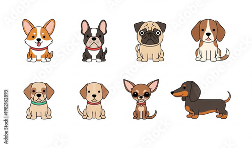 Cute cartoon dog breeds vector set with Corgi pug beagle labrador and chihuahua
