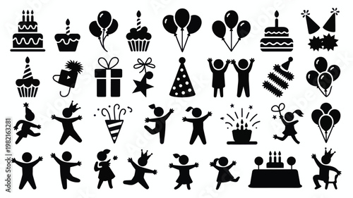 Set of 35 Black Birthday Party Celebration Vector Icons