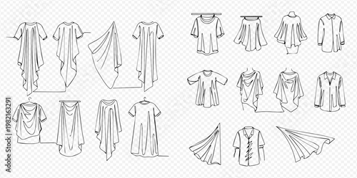 Set of various garment and fabric draping illustrations, showcasing different clothing designs and textile flow.