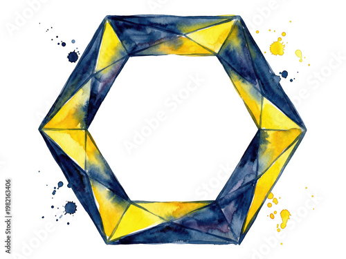 Colorful Geometric Watercolor Frame with Blue and Yellow Elements for Design, isolated on transparent background