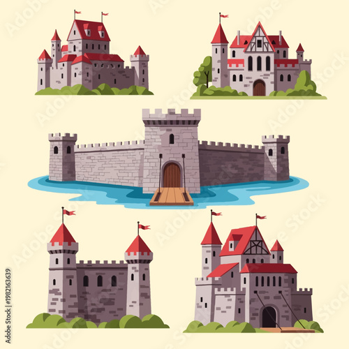 Collection of medieval castle and fortress illustrations with grey stone walls, red roofs, and towers. Includes architectural elements like drawbridges, moats, and battlements on neutral background.