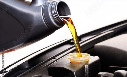 pouring new oil lubricant fluid in a car motor closeup
