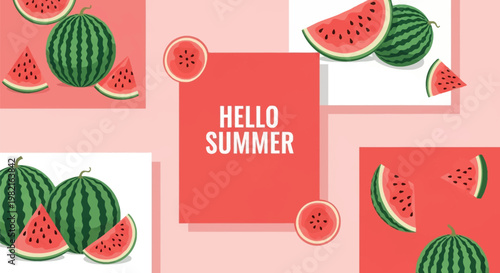 Modern flat vector illustration collage featuring whole watermelons, slices, and wedges on pink and white backgrounds with a central red box containing the text Hello Summer.
