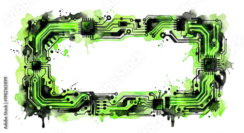 Green Circuit Board Frame with Abstract Splash Design for Technology Themes, isolated on transparent background