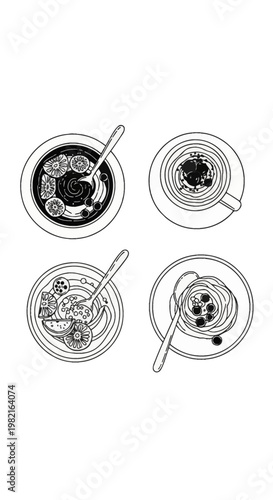 Overhead view of four black and white minimalist line art illustrations featuring healthy breakfast bowls with fruit, a cup of coffee with berries, and porridge with spoons.