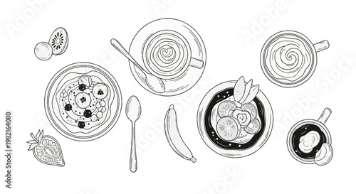 Overhead view vector line art illustration of a breakfast spread featuring coffee cups with latte art, yogurt bowls with fruit, spoons, a whole banana, and strawberry slices.