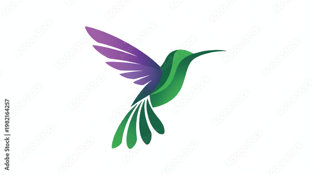 Fototapeta premium A minimalist logo design of a hummingbird in flight displays green and purple wings